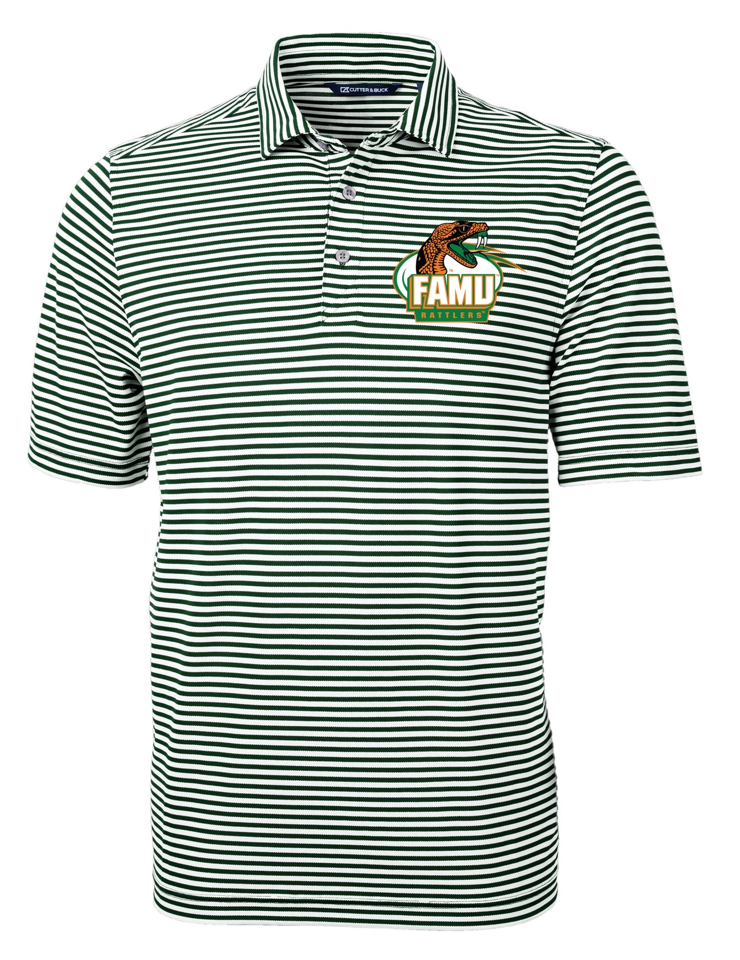 FAMU Rattler Cutter & Buck Premium Virtue Eco Stripe Golf Polo (PSA Rattler Logo)